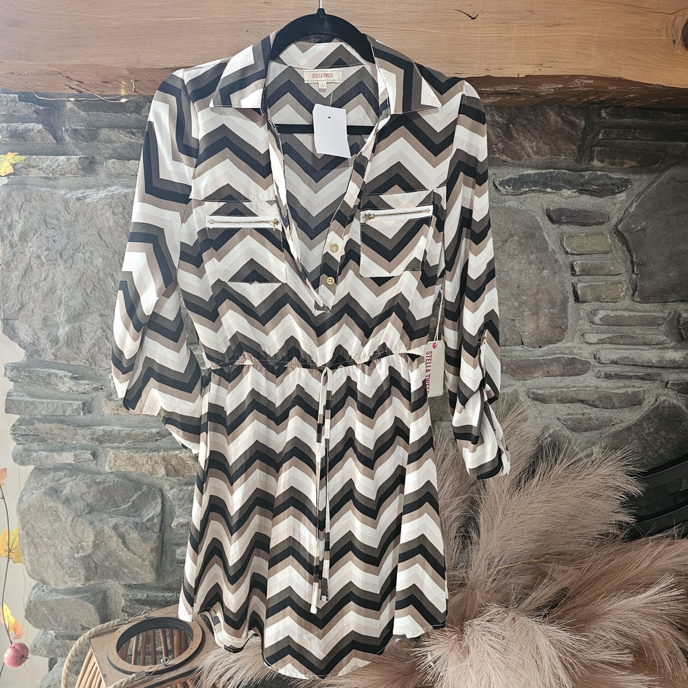 Stella Tweed Monochrome Chevron Long Sleeve Dress